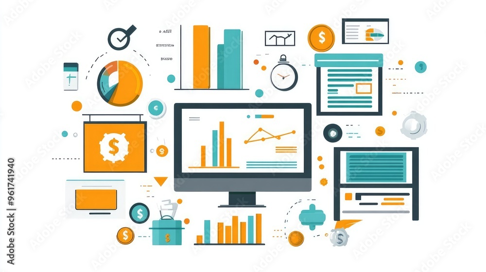 Flat Design Infographic Illustrating Fintech Benefits for Small Business, Featuring Expense Tracking and Invoice Management Flat Design Infographic Illustrating Fintech Benefits for Small Business, Featuring Expense Tracking and Invoice Management