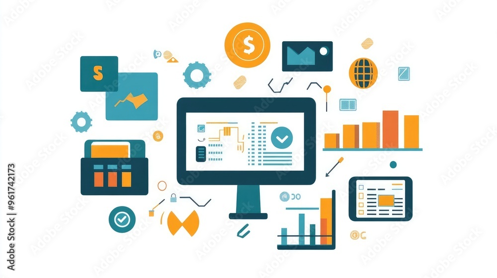 Flat Design Infographic Illustrating Fintech Benefits for Small Business, Featuring Expense Tracking and Invoice Management Flat Design Infographic Illustrating Fintech Benefits for Small Business, Featuring Expense Tracking and Invoice Management
