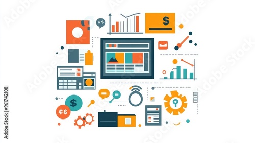 Flat Design Infographic Illustrating Fintech Benefits for Small Business, Featuring Expense Tracking and Invoice Management