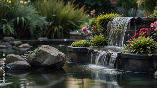 the small waterfall in the fishpond photo