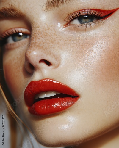 Close-up of woman's face showcasing bold red lipstick and artistic eyeliner. Emphasizing beauty, elegance and modern style in makeup trends. photo