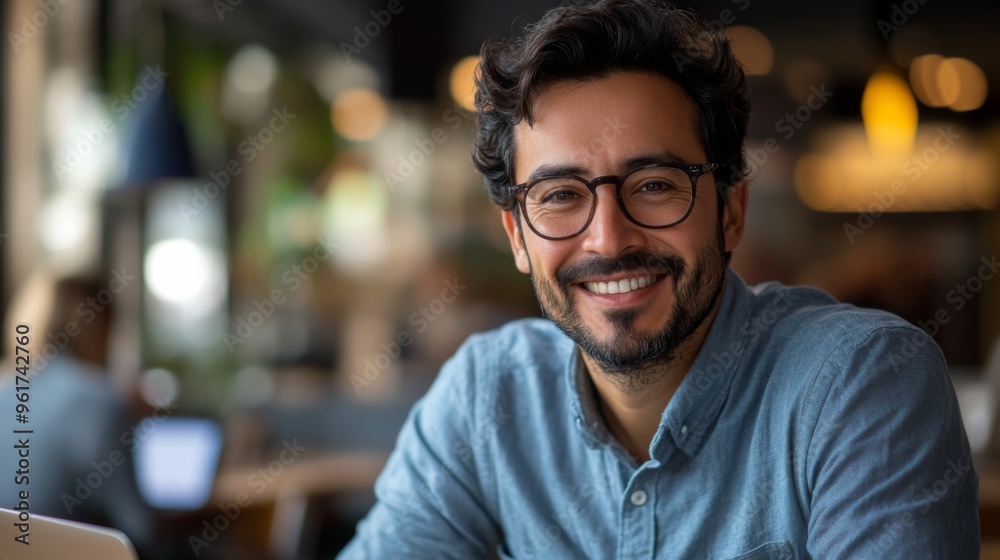 Smiling man in casual attire at a cozy cafe Smiling man in casual attire at a cozy cafe