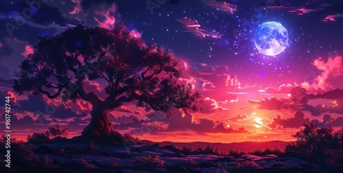 A vibrant landscape at sunset with a large tree silhouetted against a colorful sky and a bright moon.