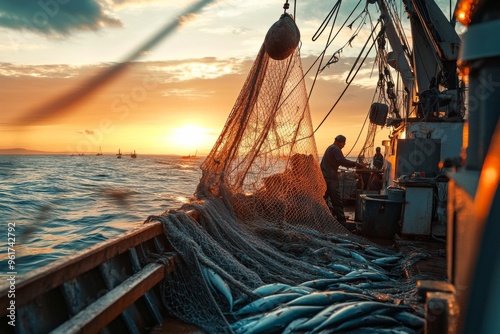 fishing boat in net fish catch photo