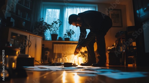 Man Investigating Documents in Dimly Lit Room