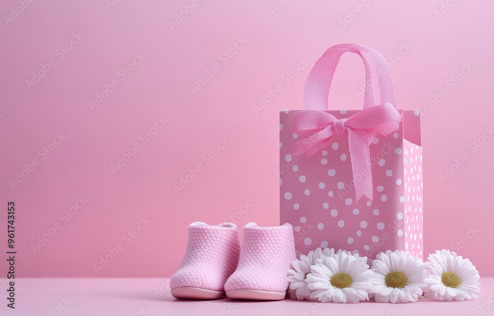 Pink baby shoes and gift box on pastel background, minimalistic style with copy space Pink baby shoes and gift box on pastel background, minimalistic style with copy space