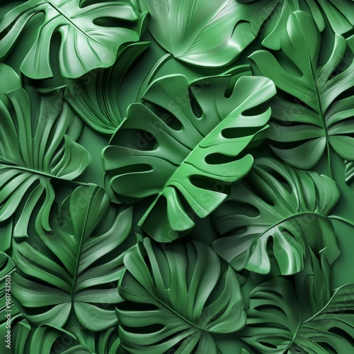 Green monstera, small repeating pattern, artistic bas relief style, 3D illustration