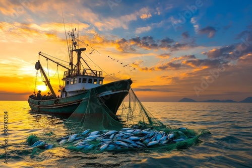 fishing boat in net fish catch photo