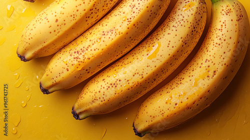 ripe bananas in bunches or single bananas placed on clean, bright backgrounds, highlighting their freshness and vibrant yellow color.