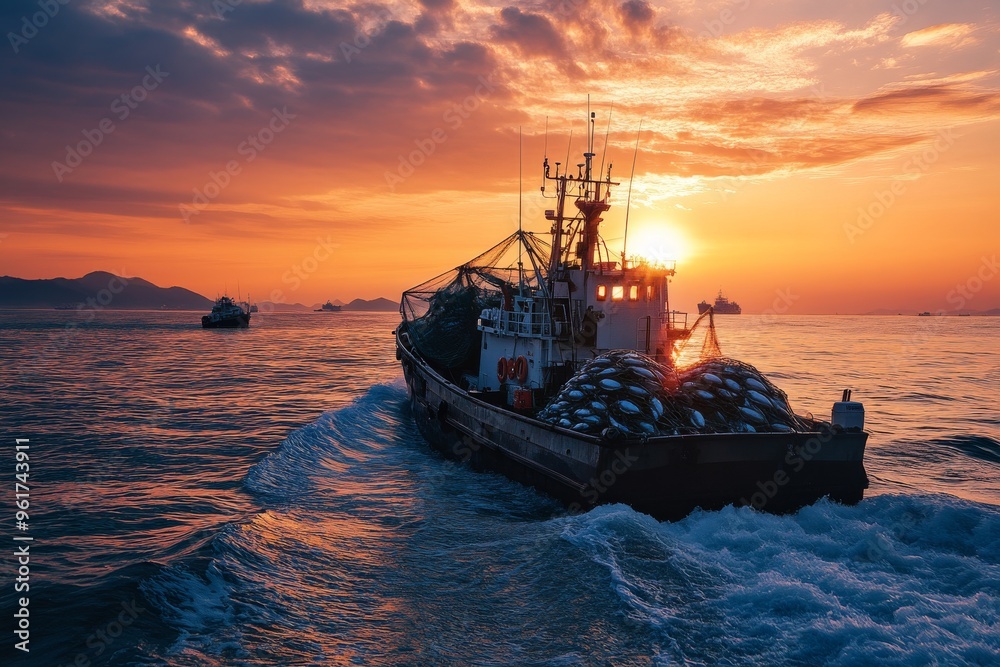 Obraz premium fishing boat in net fish catch