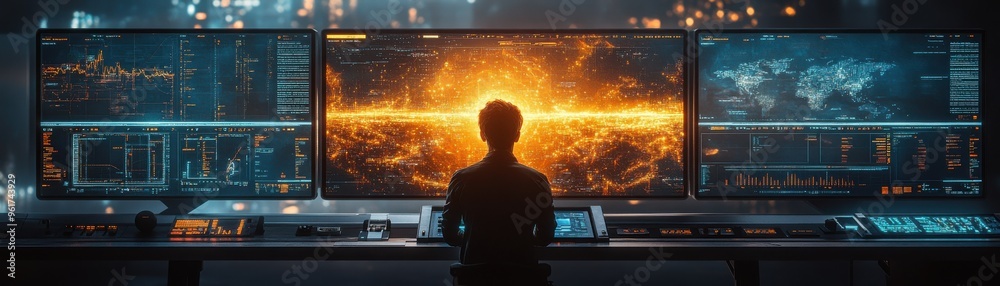 A person is monitoring multiple high-tech screens displaying data in a futuristic control room, suggesting advanced technology and cybersecurity. A person is monitoring multiple high-tech screens displaying data in a futuristic control room, suggesting advanced technology and cybersecurity.