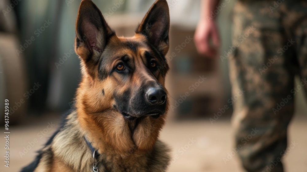 A German Shepherd dog attentively looking at its handler in a training environment.