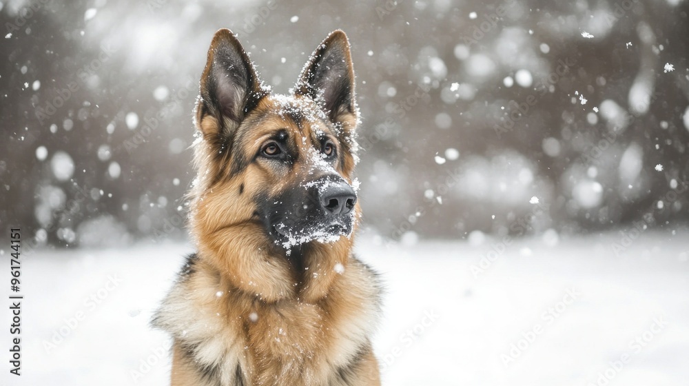 Naklejka premium A German Shepherd dog in the snow, creating a serene winter scene.