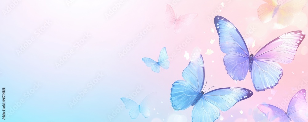 Beautiful butterflies in flight against a soft light pink and blue gradient background with delicate bokeh effects Beautiful butterflies in flight against a soft light pink and blue gradient background with delicate bokeh effects