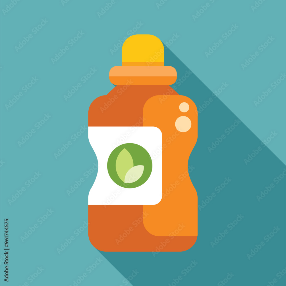 Orange plastic bottle with yellow cap containing bio product with green leaves on white label on blue background Orange plastic bottle with yellow cap containing bio product with green leaves on white label on blue background