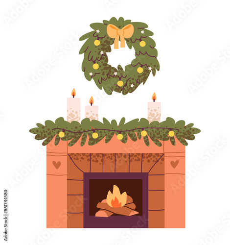 A cozy fireplace decorated with Christmas garland and candles. Christmas wreath over the festive fireplace. Flat vector illustration