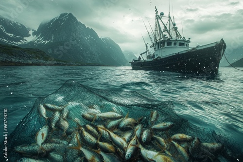 fishing boat in net fish catch photo