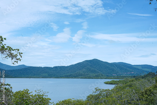 View of the ocean and mountains on a clear day