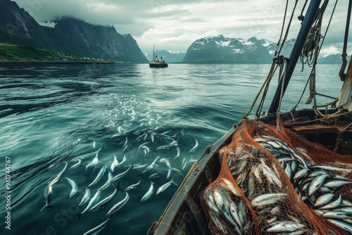 fishing boat in net fish catch photo