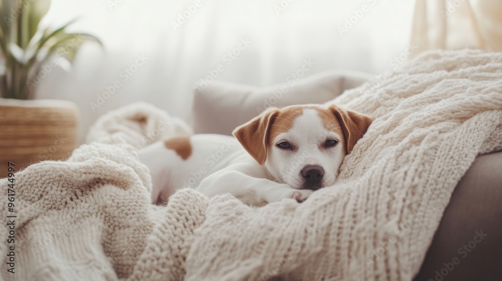 Obraz premium dog lounging in a cozy, well-lit home environment, with soft blankets and natural textures