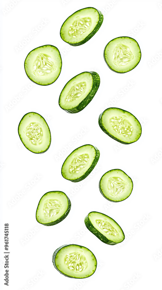 Cucumber slices floating in the air, isolated on a white background, Cucumber slices floating in the air, isolated on a white background,