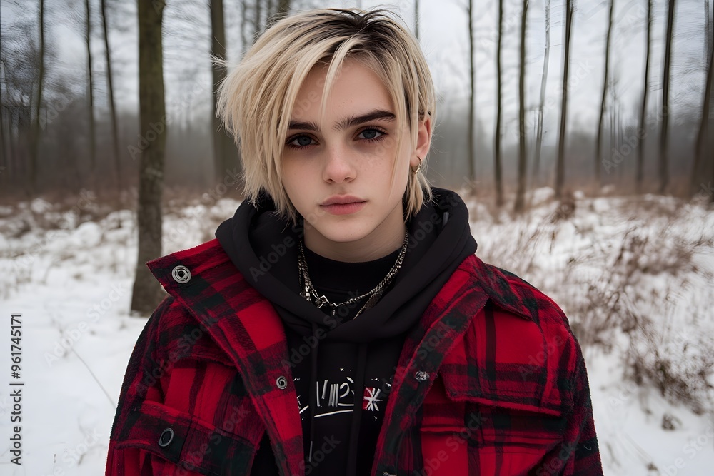 Young Person in Plaid Shirt and Hoodie in Snowy Forest Young Person in Plaid Shirt and Hoodie in Snowy Forest
