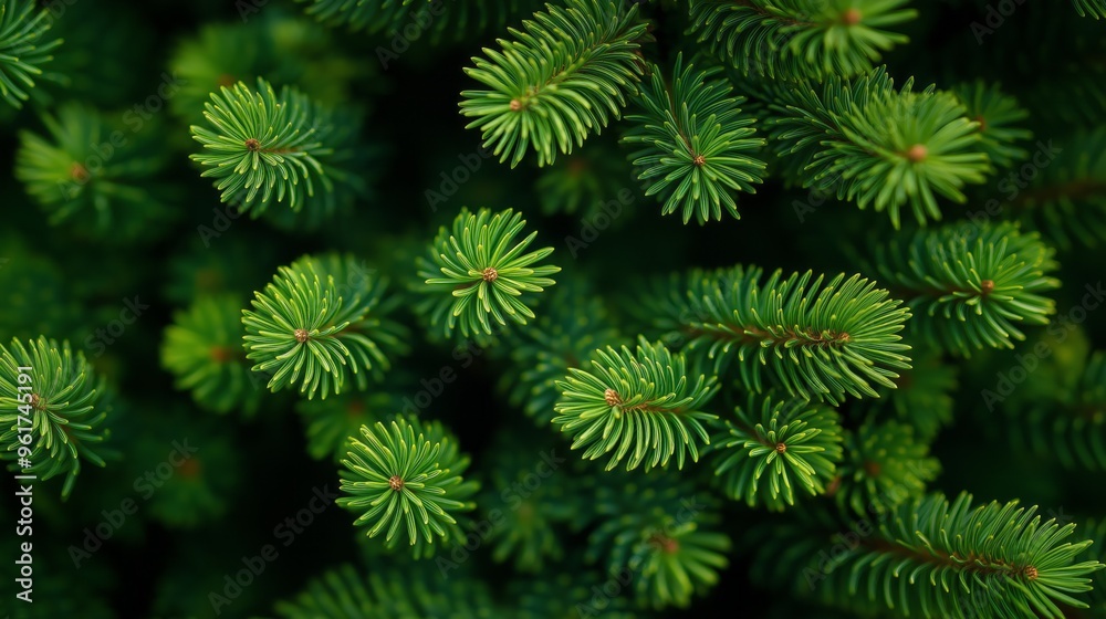 Dense green pine needles in natural pattern. Vibrant Christmas background with copy space.