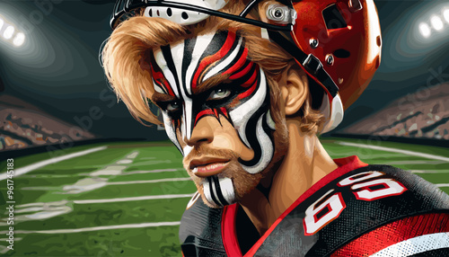 Football player with a Kabuki actor's expression.
Vector illustration.