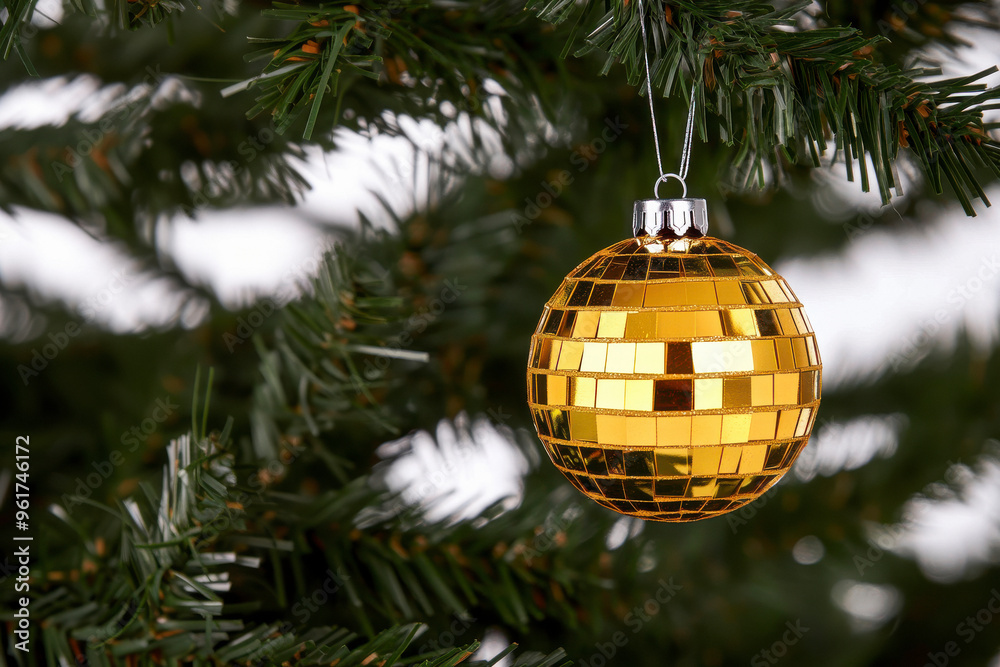 Christmas tree decorated with golden mirror disco ball. Christmas tree decorated with golden mirror disco ball.
