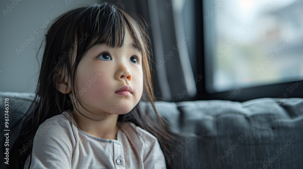 An Asian girl with long hair sits on a grey sofa, facing left and gazing into the distance by a tall window, creating a serene ambiance. An Asian girl with long hair sits on a grey sofa, facing left and gazing into the distance by a tall window, creating a serene ambiance.