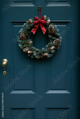 Christmas holiday wreath on beautiful entrance door photo