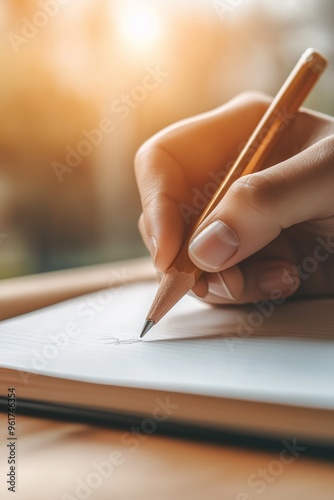 person writing on paper with yellow pencil, warm bokeh lights in background