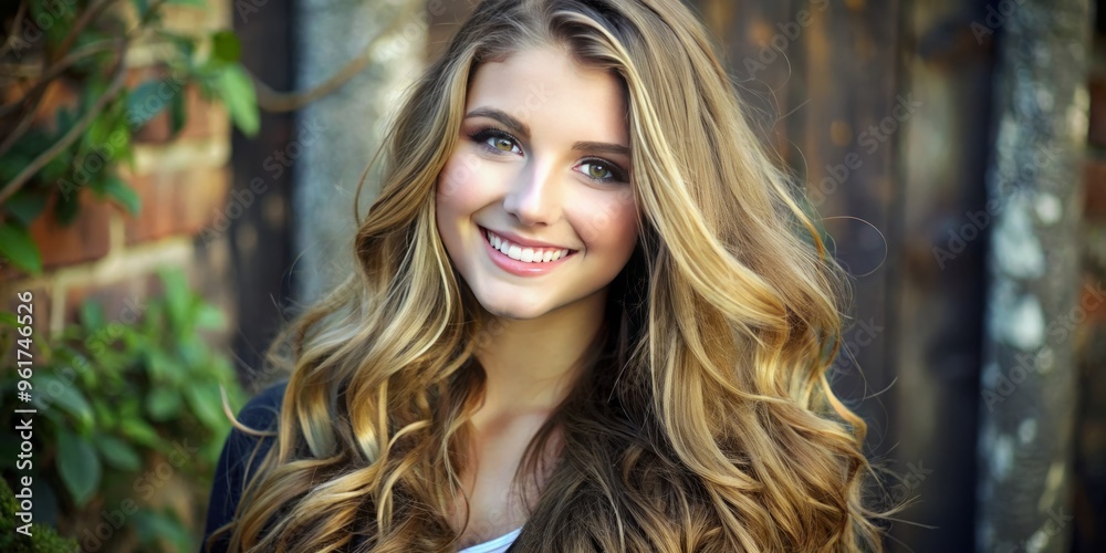 Obraz premium The young woman's warm smile lights up the camera as her long, wavy brown hair with blonde highlights