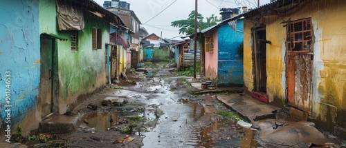 A muddy alley between rundown houses shows signs of neglect with wet ground, scattered trash, and damaged doors/windows, evoking a sense of urban poverty. photo