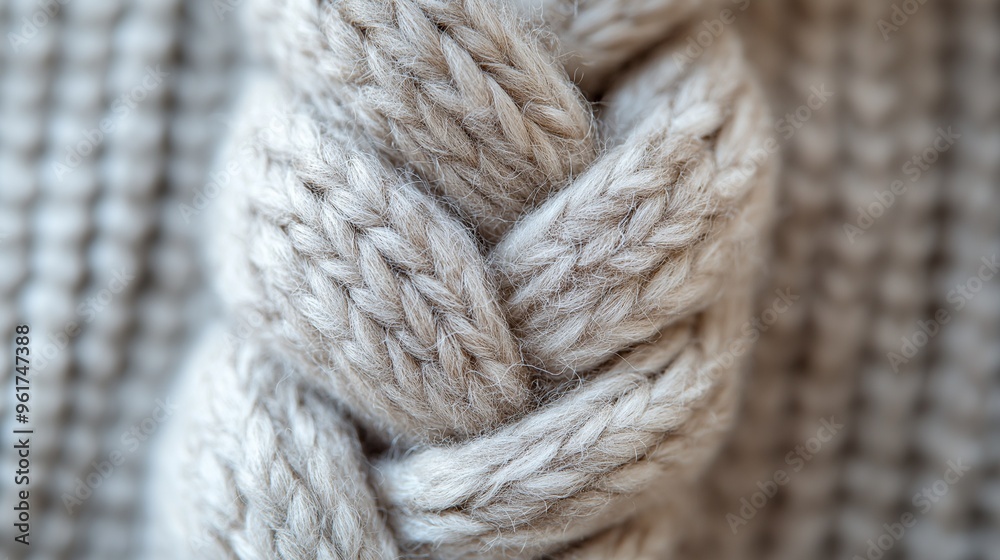 Close-up of a thick, soft beige braided wool knit with intricate details. Close-up of a thick, soft beige braided wool knit with intricate details.