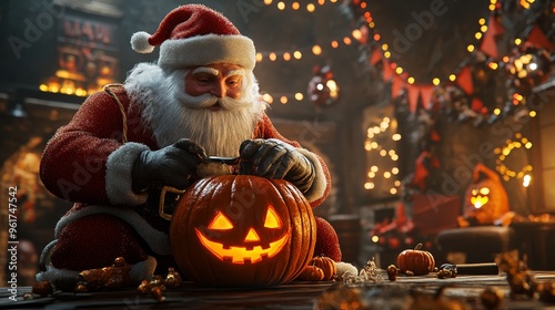 Santa Claus carves a cheerful pumpkin in a festive room filled with Halloween decorations and warm lights.