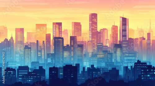 Wallpaper Mural Stylized vector illustration of a city skyline at dusk, with detailed buildings and soft gradients creating a sleek urban backdrop Torontodigital.ca