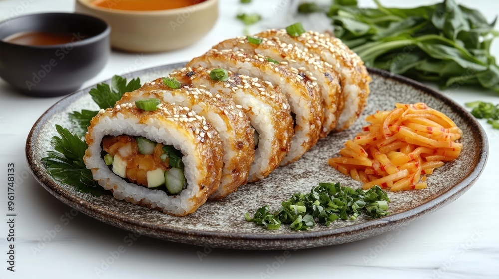 Savor the beautiful presentation of sushi alongside fresh kimchi and herbs Savor the beautiful presentation of sushi alongside fresh kimchi and herbs