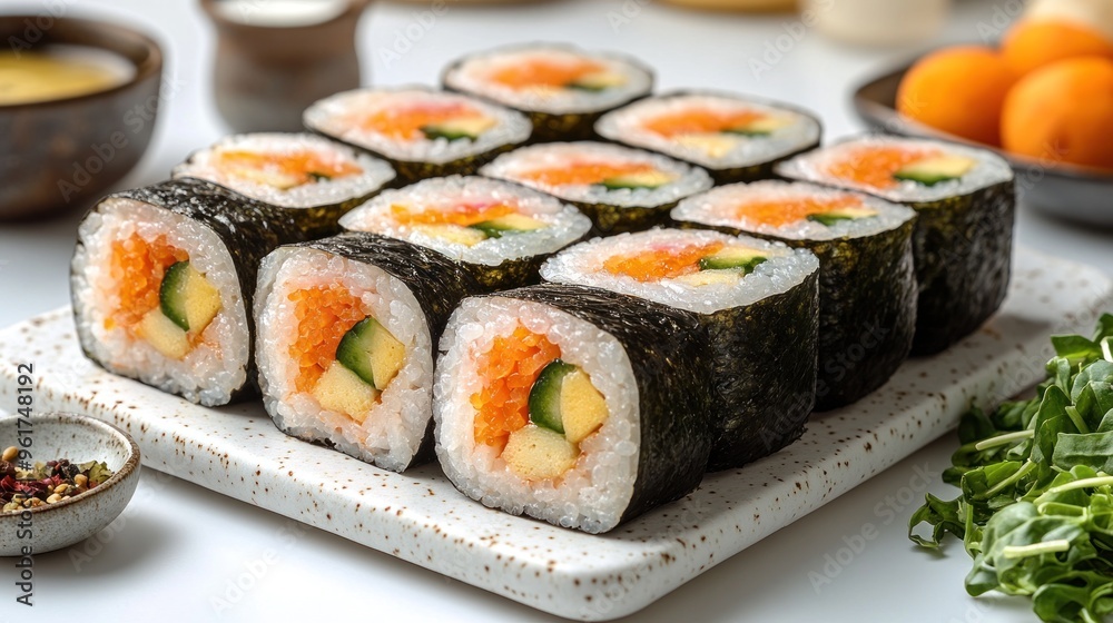 Freshly prepared sushi rolls, showcasing vibrant colors and flavors, invite enjoyment Freshly prepared sushi rolls, showcasing vibrant colors and flavors, invite enjoyment
