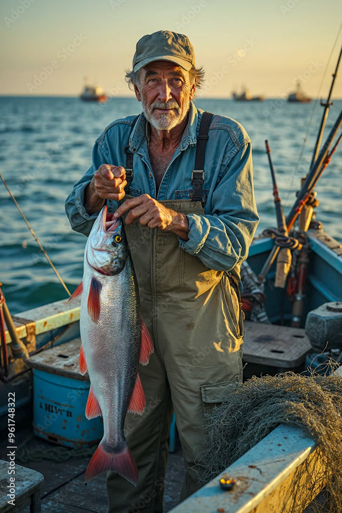 Elderly Man Holding a Freshly Caught Fish on a Boat - AI generated Elderly Man Holding a Freshly Caught Fish on a Boat - AI generated