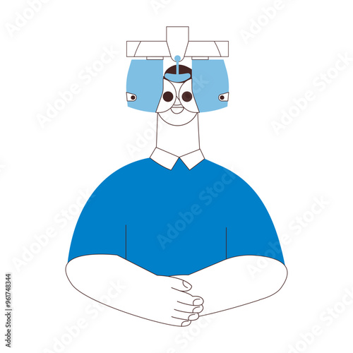 Optometry. Eye Test and Prescription Glasses. Male Perform Eye Test with Automated Digital Phoropter. Black and White Modern Flat Vector Illustration. Social Media Template.