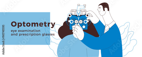 Optometry. Eye Test and Prescription Glasses. Medical Specialist and Patient Perform Eye Test with Manual Vision Tester on Abstract Background. Black and White Modern Flat Vector Illustration. 