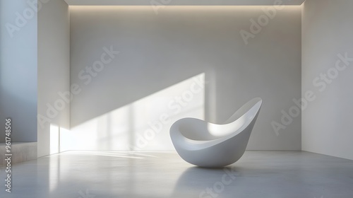 A white sculpture with a curved shape sits on a white floor. The sculpture is abstract and has a unique design. The room is well-lit, with sunlight streaming in through a window, creating a warm