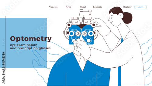 Optometry. Eye Test and Prescription Glasses. Medical Specialist and Patient Perform Eye Test with Manual Vision Tester on Abstract Background. Black and White Modern Flat Vector Illustration.