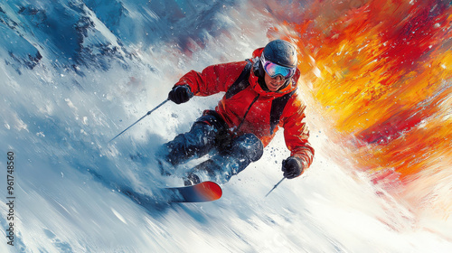 A skier gracefully carves through fresh snow amidst a vivid burst of colors in the background