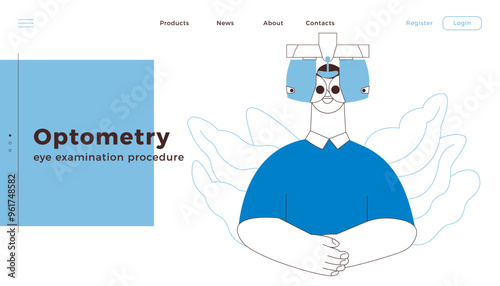 Optometry. Eye Test and Prescription Glasses. Male Perform Eye Test with Automated Digital Phoropter. Black and White Modern Flat Vector Illustration. Landing Page Design Template. Website Banner.