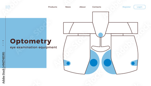 Optometry. Automated Digital Phoropter. Medical Equipment. Black and White Modern Flat Vector Illustration. Landing Page Design Template. Website Banner.