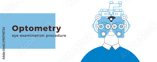 Optometry. Eye Test and Prescription Glasses. Male Perform Eye Test with Manual Vision Tester. Black and White Modern Flat Vector Illustration. Landing Page Design Template. Website Banner.