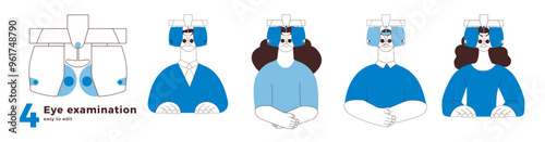 Eye examination collection. Optometry. Female and Male Perform Eye Test with Automated Digital Phoropter. Black and White Modern Flat Vector Illustration. Social Media Template.