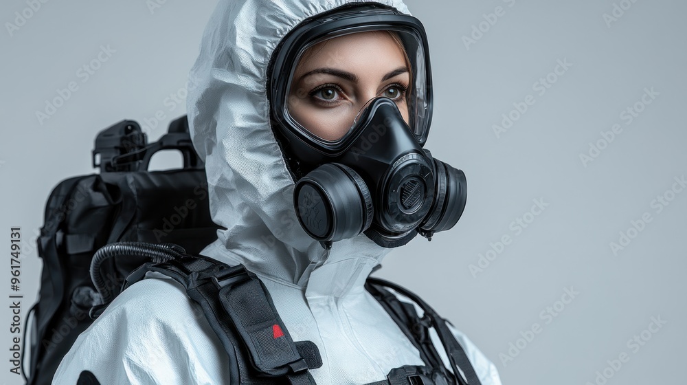An individual dressed in a protective suit stands ready to face potential dangers ahead An individual dressed in a protective suit stands ready to face potential dangers ahead